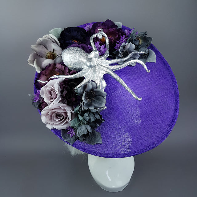 "Marcellina" Silver Octopus & Purple Flowers Hat
