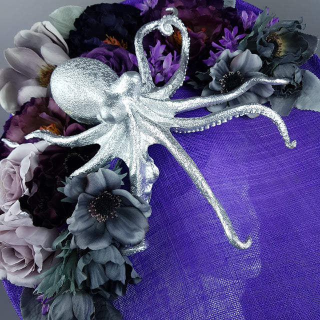 "Marcellina" Silver Octopus & Purple Flowers Hat