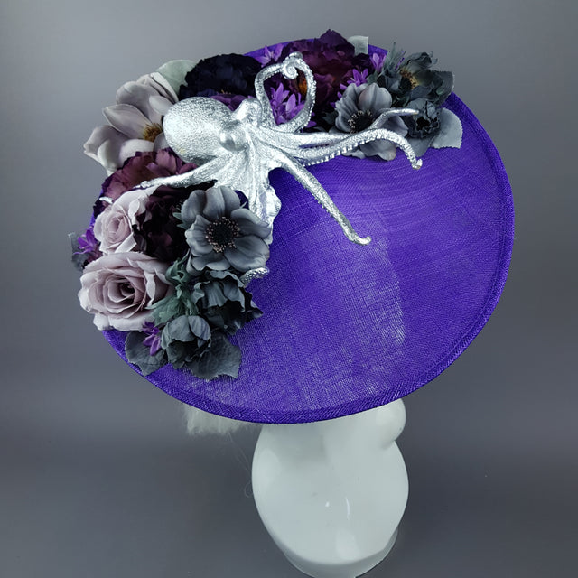 "Marcellina" Silver Octopus & Purple Flowers Hat