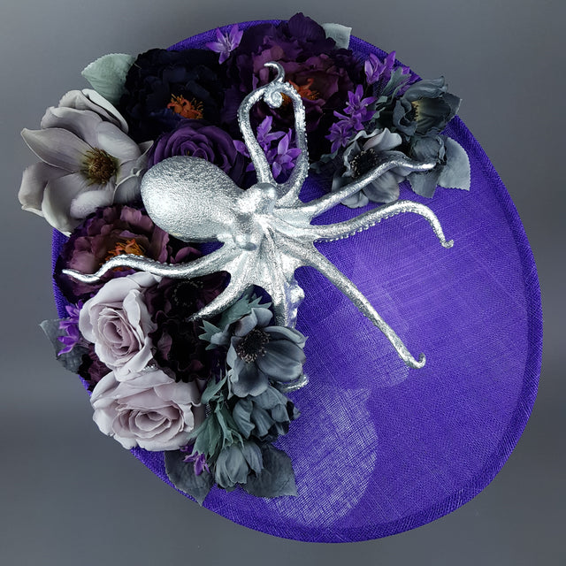 "Marcellina" Silver Octopus & Purple Flowers Hat