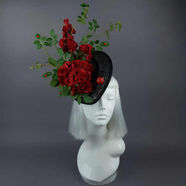 "Encantador" Red Rose & Ladybird Fascinator Hat