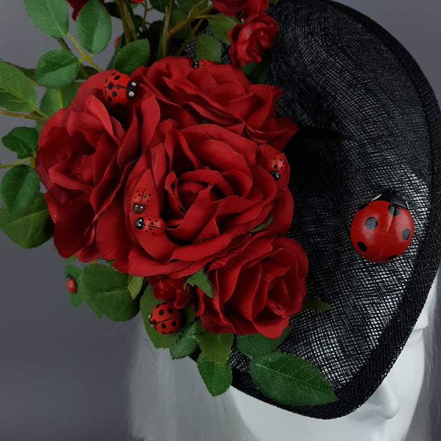 "Encantador" Red Rose & Ladybird Fascinator Hat
