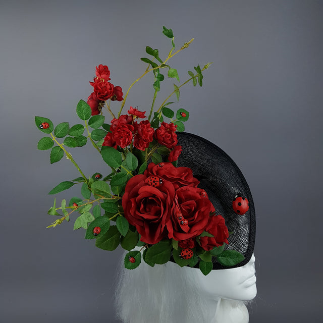 "Encantador" Red Rose & Ladybird Fascinator Hat