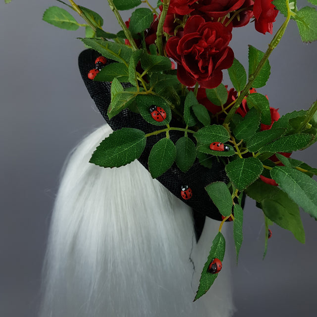 "Encantador" Red Rose & Ladybird Fascinator Hat