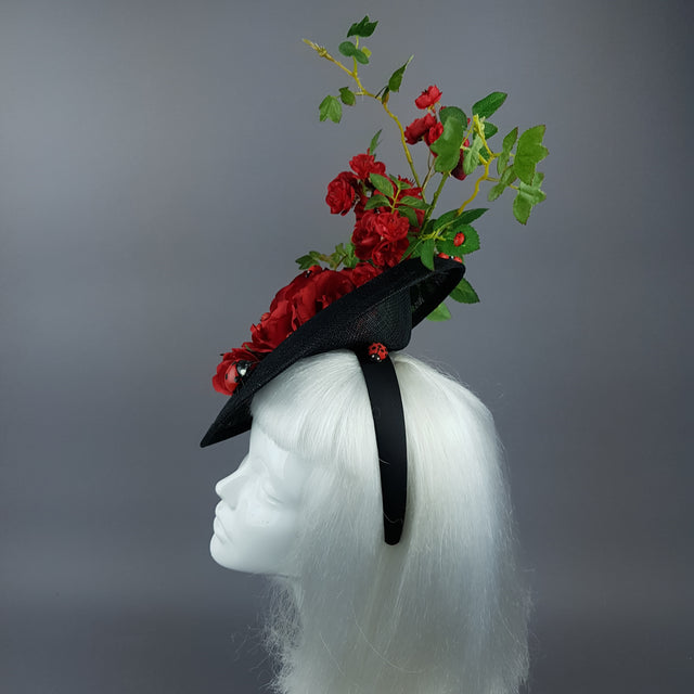 "Encantador" Red Rose & Ladybird Fascinator Hat