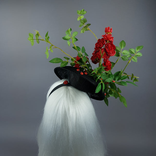 "Encantador" Red Rose & Ladybird Fascinator Hat