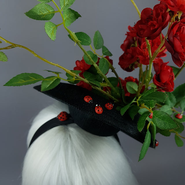 "Encantador" Red Rose & Ladybird Fascinator Hat