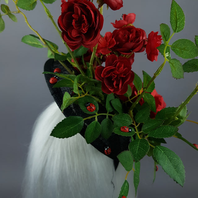 "Encantador" Red Rose & Ladybird Fascinator Hat