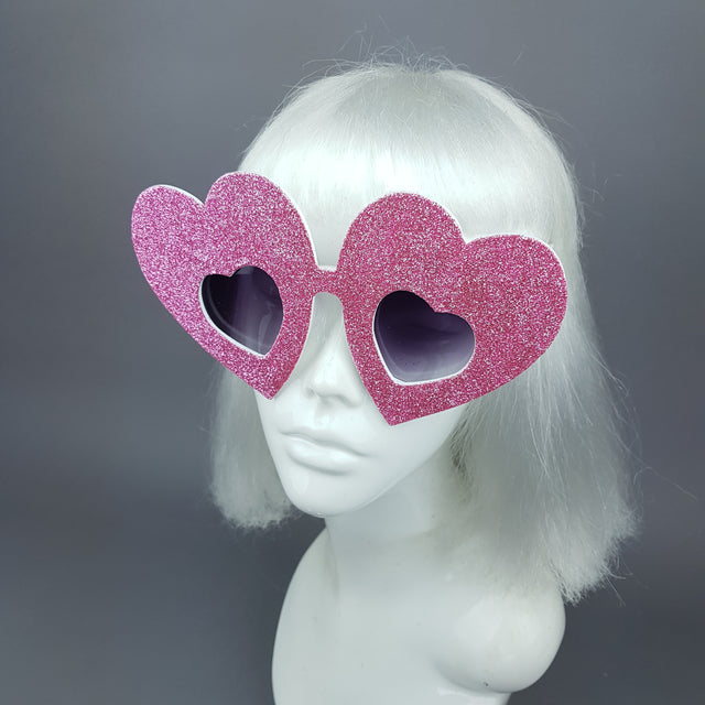 "Queen of Hearts" Pink Glitter Heart Sunglasses