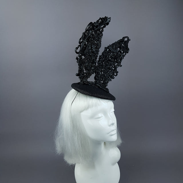 "Bunnygirl" Black Filigree Baroque Bunny Rabbit Ears Hat