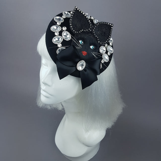 "Sootie" Bejewelled Black Dollface Cat Fascinator Hat