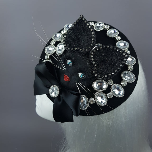 "Sootie" Bejewelled Black Dollface Cat Fascinator Hat