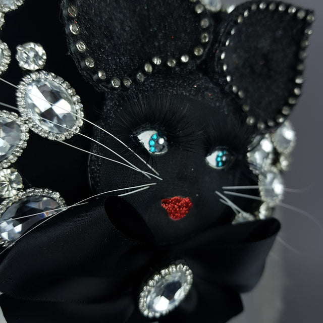 "Sootie" Bejewelled Black Dollface Cat Fascinator Hat