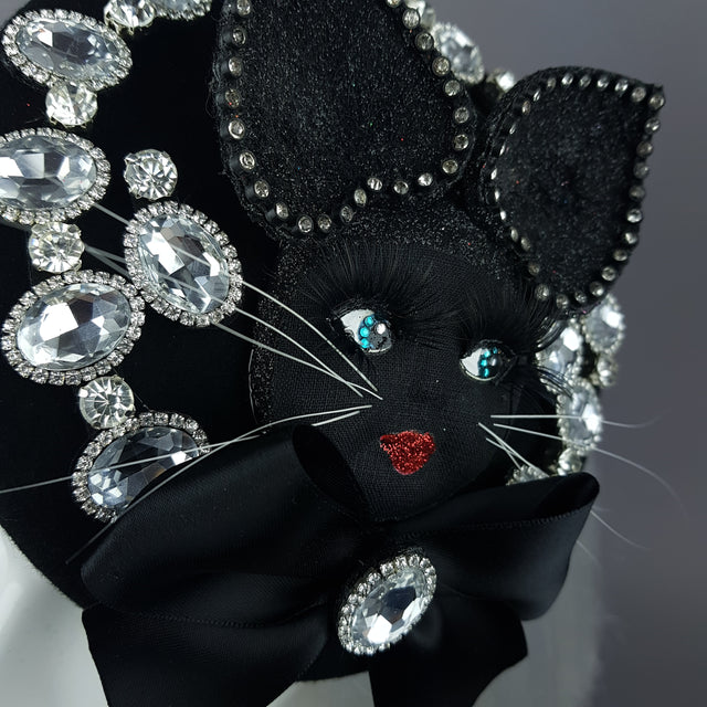 "Sootie" Bejewelled Black Dollface Cat Fascinator Hat
