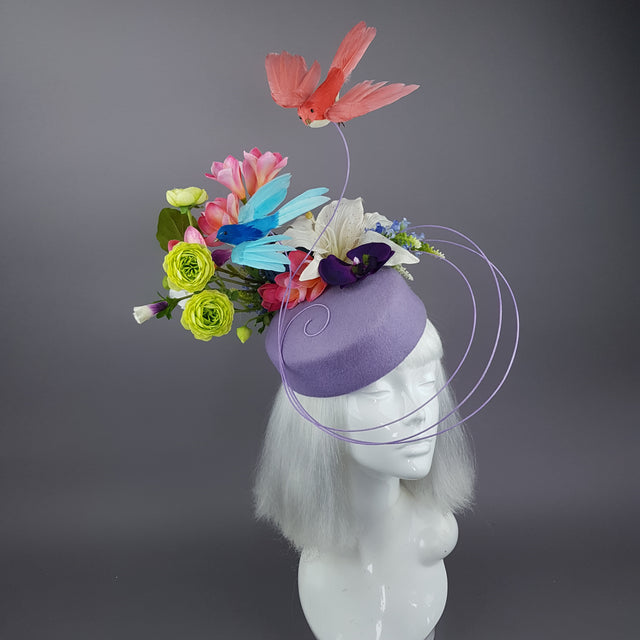 "Azalea" Bird & Flower Purple Fascinator Hat