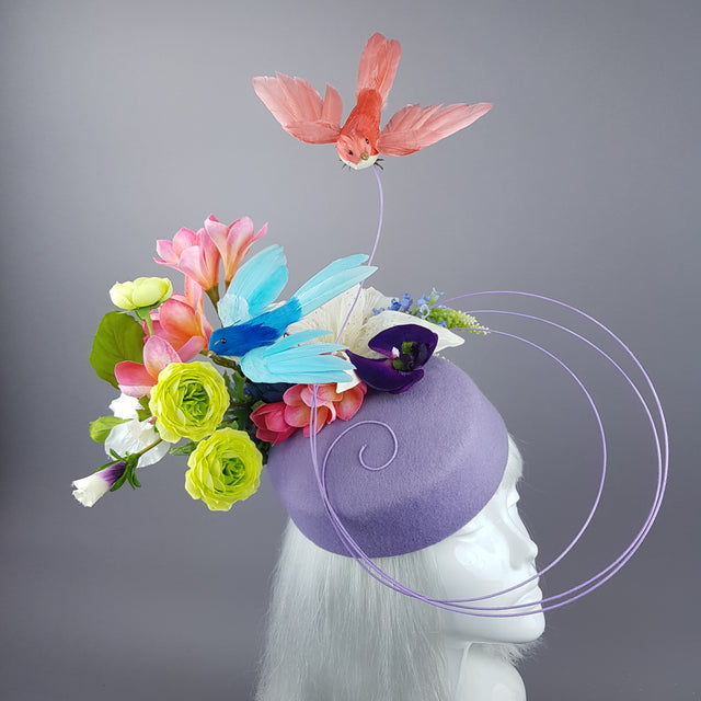 "Azalea" Bird & Flower Purple Fascinator Hat