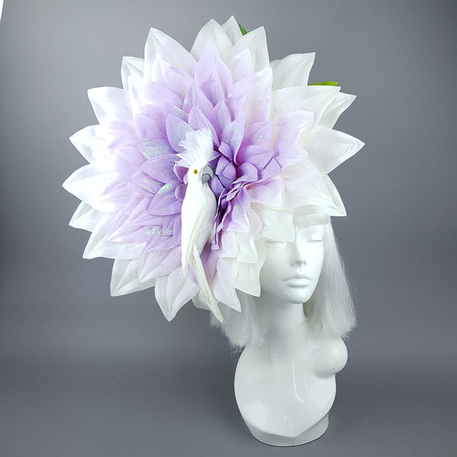 "Marin" Giant Purple Flower & White Bird Hat