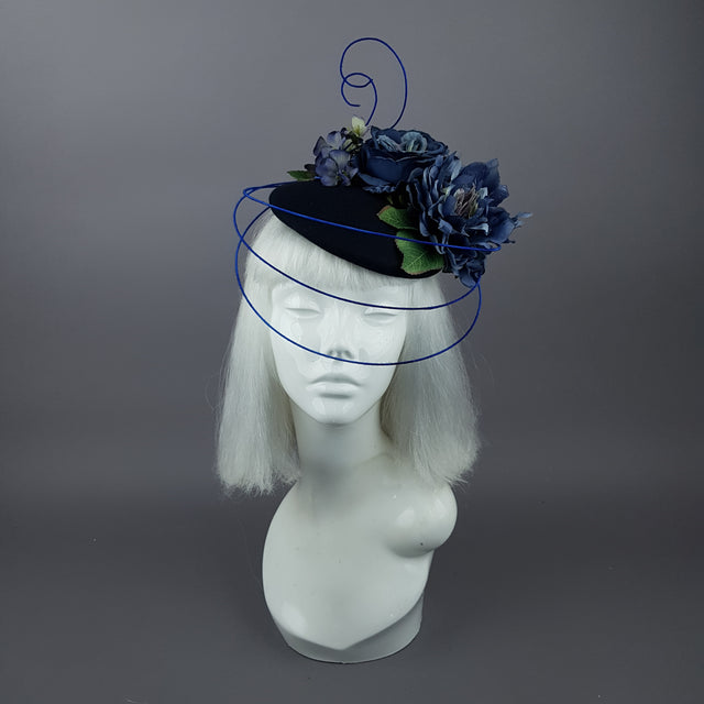 "Radella" Blue Flower & Wired Veil Fascinator Hat