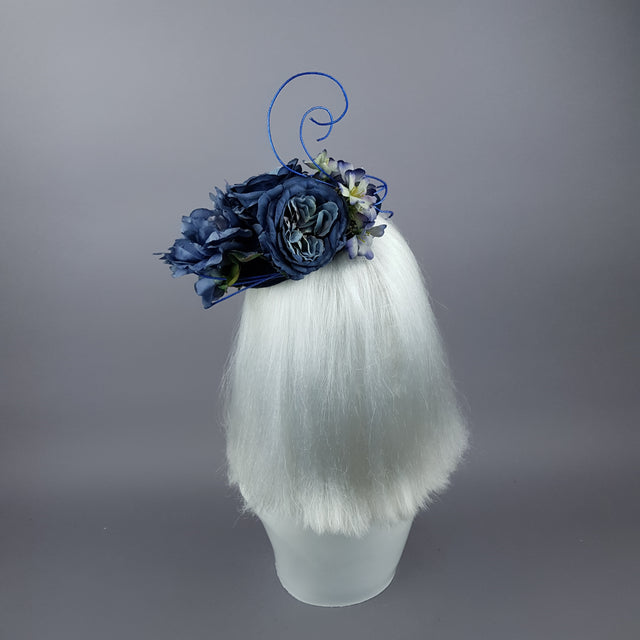 "Radella" Blue Flower & Wired Veil Fascinator Hat