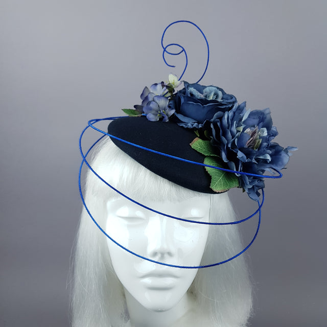 "Radella" Blue Flower & Wired Veil Fascinator Hat