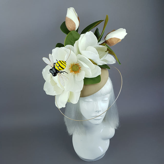 "Tania" Ivory Magnolia Flowers & Bee Fascinator