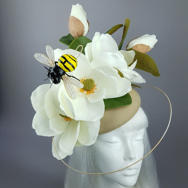 "Tania" Ivory Magnolia Flowers & Bee Fascinator