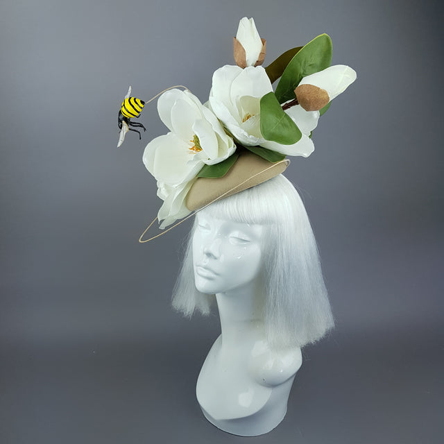 "Tania" Ivory Magnolia Flowers & Bee Fascinator