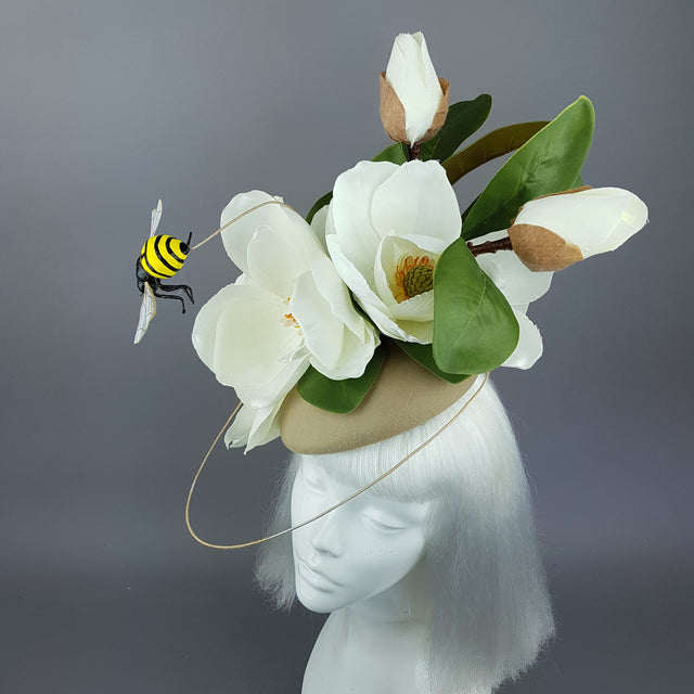 "Tania" Ivory Magnolia Flowers & Bee Fascinator