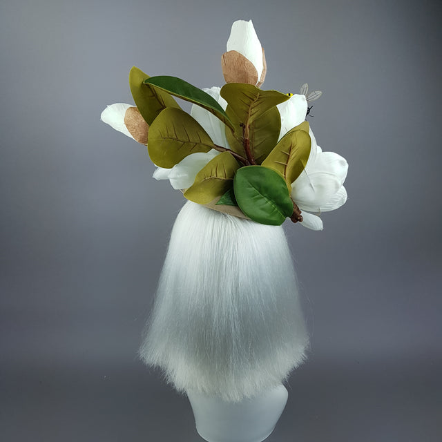 "Tania" Ivory Magnolia Flowers & Bee Fascinator