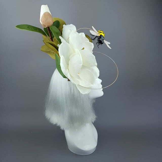 "Tania" Ivory Magnolia Flowers & Bee Fascinator