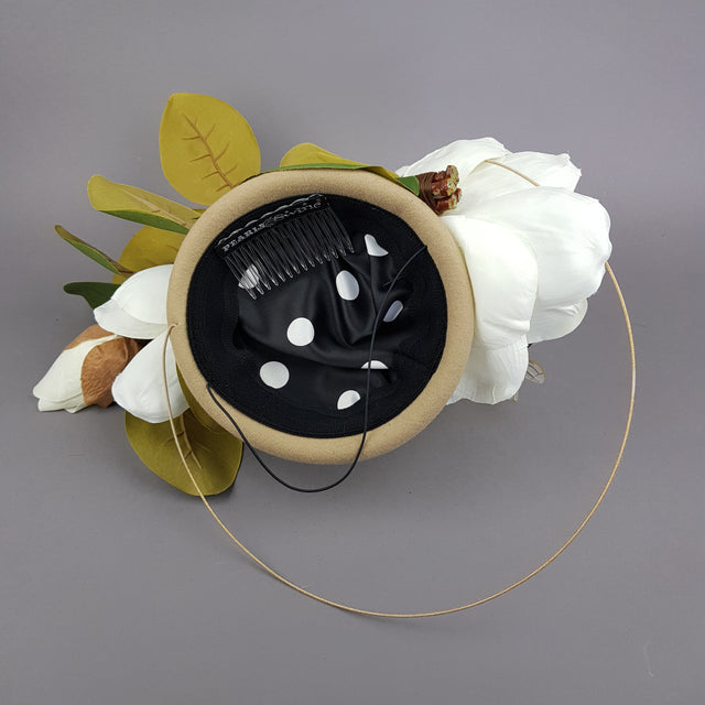 "Tania" Ivory Magnolia Flowers & Bee Fascinator