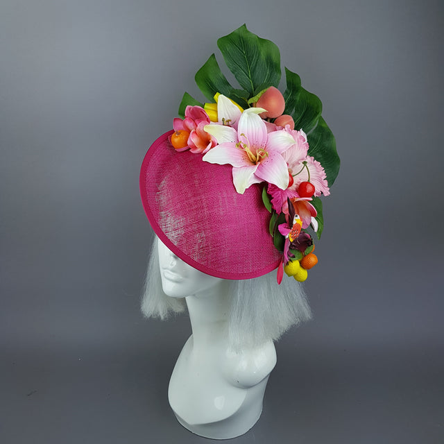"Dulcina" Fuchsia Pink Flower & Fruit Ascot Wedding Hat