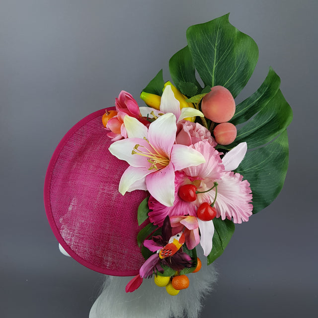 "Dulcina" Fuchsia Pink Flower & Fruit Ascot Wedding Hat