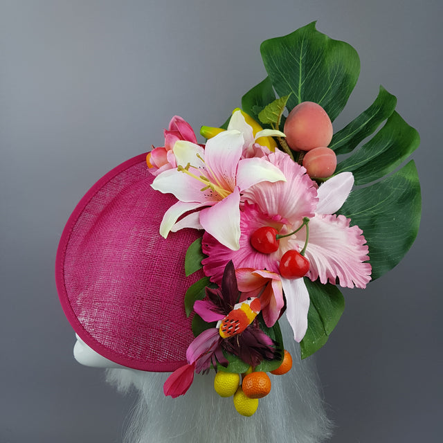 "Dulcina" Fuchsia Pink Flower & Fruit Ascot Wedding Hat