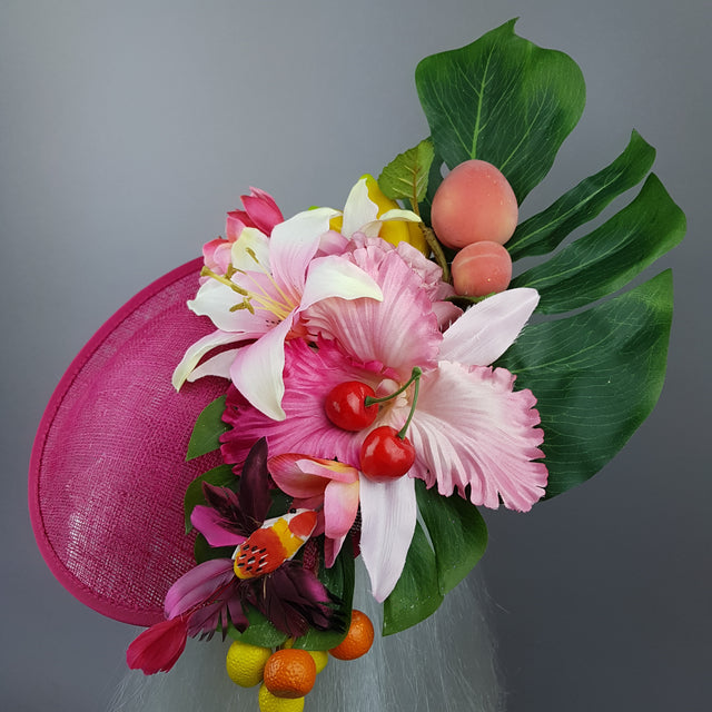 "Dulcina" Fuchsia Pink Flower & Fruit Ascot Wedding Hat