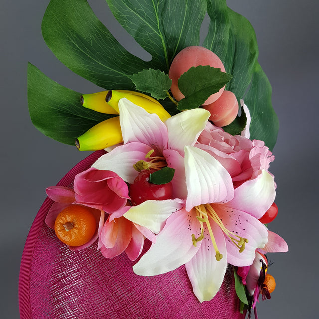 "Dulcina" Fuchsia Pink Flower & Fruit Ascot Wedding Hat