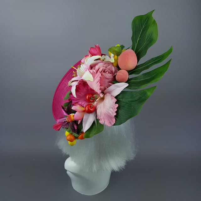 "Dulcina" Fuchsia Pink Flower & Fruit Ascot Wedding Hat