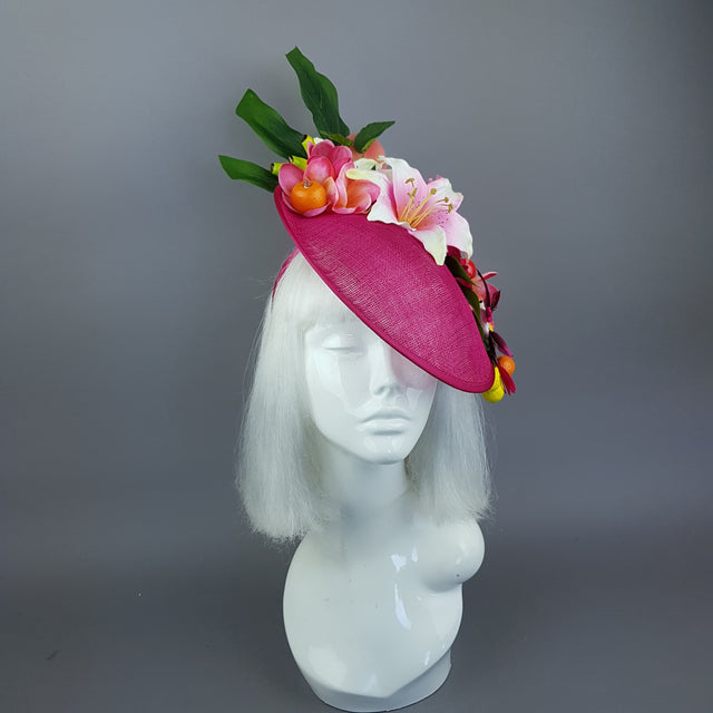 "Dulcina" Fuchsia Pink Flower & Fruit Ascot Wedding Hat