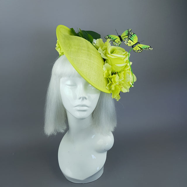 "Amour de Chaux" Neon Lime Green, Flower & Butterfly Ascot Wedding Hat
