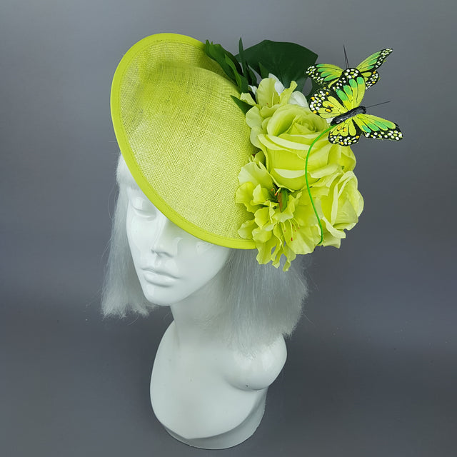 "Amour de Chaux" Neon Lime Green, Flower & Butterfly Ascot Wedding Hat
