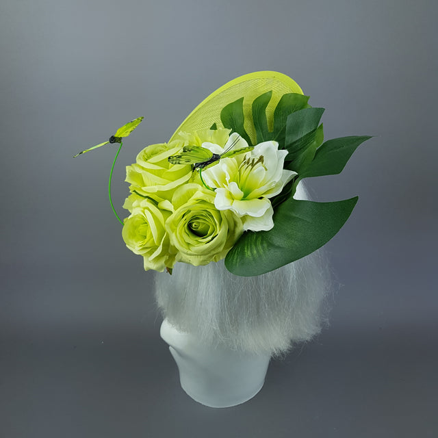 "Amour de Chaux" Neon Lime Green, Flower & Butterfly Ascot Wedding Hat