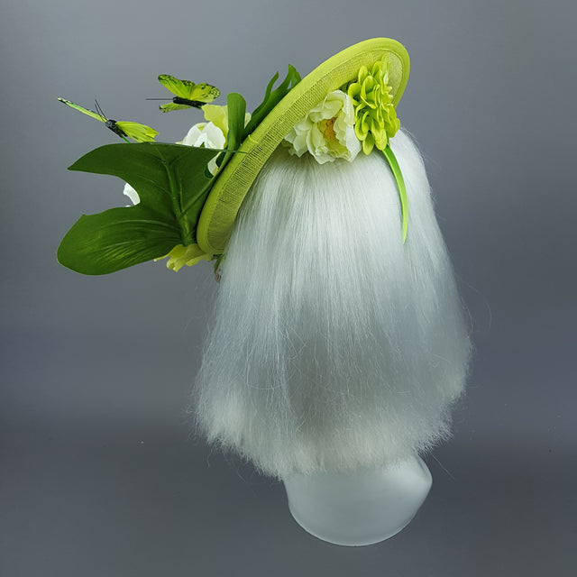 "Amour de Chaux" Neon Lime Green, Flower & Butterfly Ascot Wedding Hat