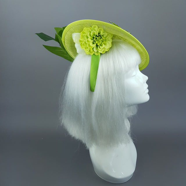 "Amour de Chaux" Neon Lime Green, Flower & Butterfly Ascot Wedding Hat