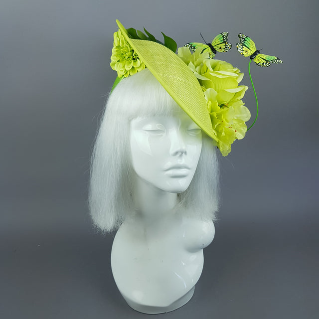 "Amour de Chaux" Neon Lime Green, Flower & Butterfly Ascot Wedding Hat