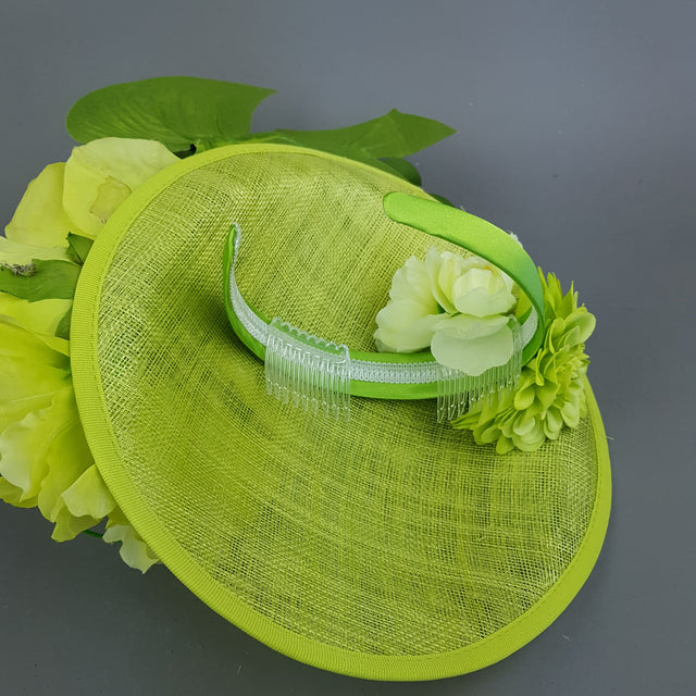 "Amour de Chaux" Neon Lime Green, Flower & Butterfly Ascot Wedding Hat