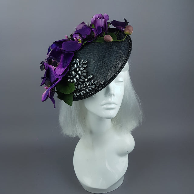 "Viola Profondo" Deep Purple Flower & Jewel Black Hat