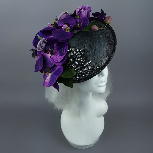 "Viola Profondo" Deep Purple Flower & Jewel Black Hat