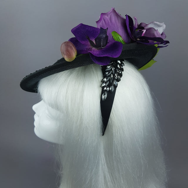 "Viola Profondo" Deep Purple Flower & Jewel Black Hat