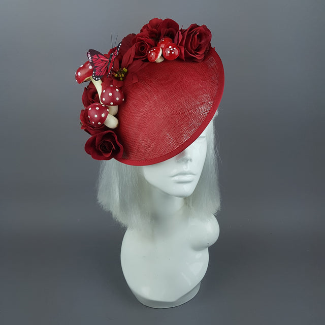 "Ellette" Red Rose Butterfly Floral Mushroom Hat Fascinator