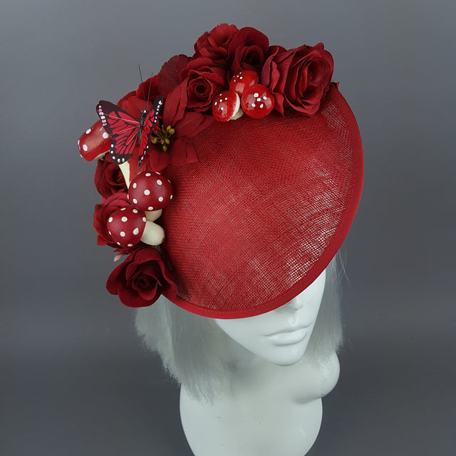 "Ellette" Red Rose Butterfly Floral Mushroom Hat Fascinator